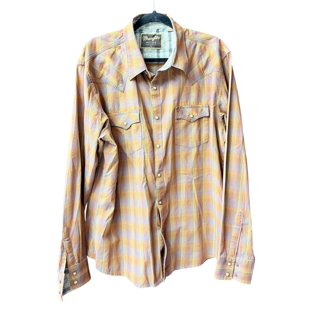 Wrangler Cotton Western Shirt Mens XL Retro Orange Plaid Pearl Snap Long Sleeve